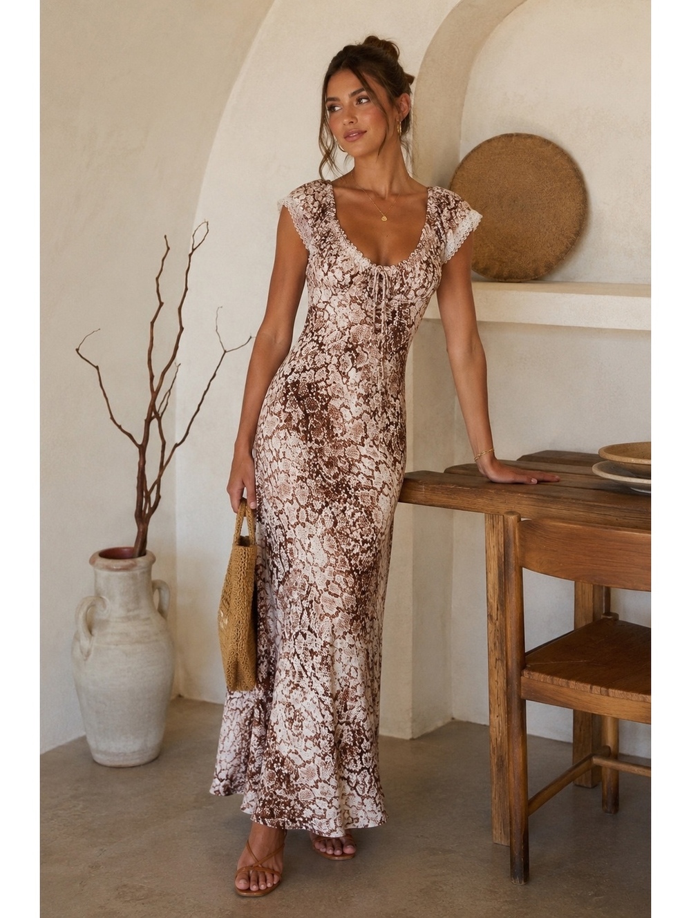 NWT WAYF Melissa Lace Trim Maxi Dress Brown Python Snake Print XS